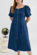 Front Zip Denim Midi Dress (Fresh Blue)