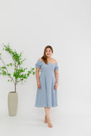 Smocked-back Texture Skater Midi Dress (Blue)