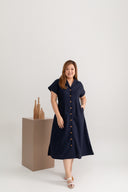 Linen Front Button Dress (Navy)