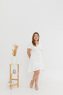 Flute Hem Tortoise Shell Button Dress (White)
