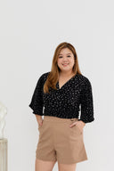 Pleated Wide Sleeves Wrap Top (Black Polka)
