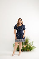 Embroidery Scallop Hem Dress-Romper (Navy)