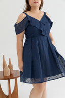 Cold Shoulder Panel Flare Dress (Navy Florals Embroidery)