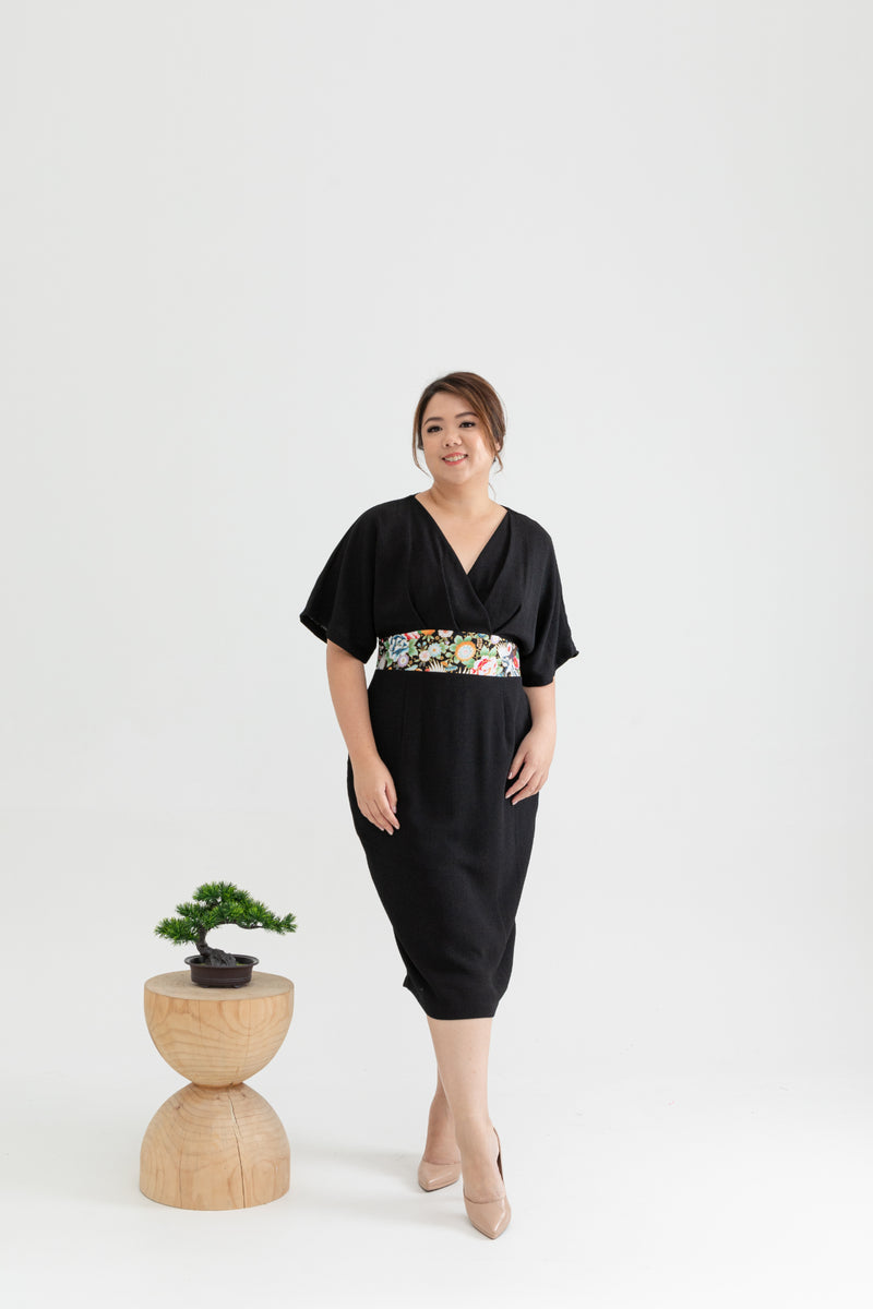 Kimono Obi Waist Dress (Black Crane)