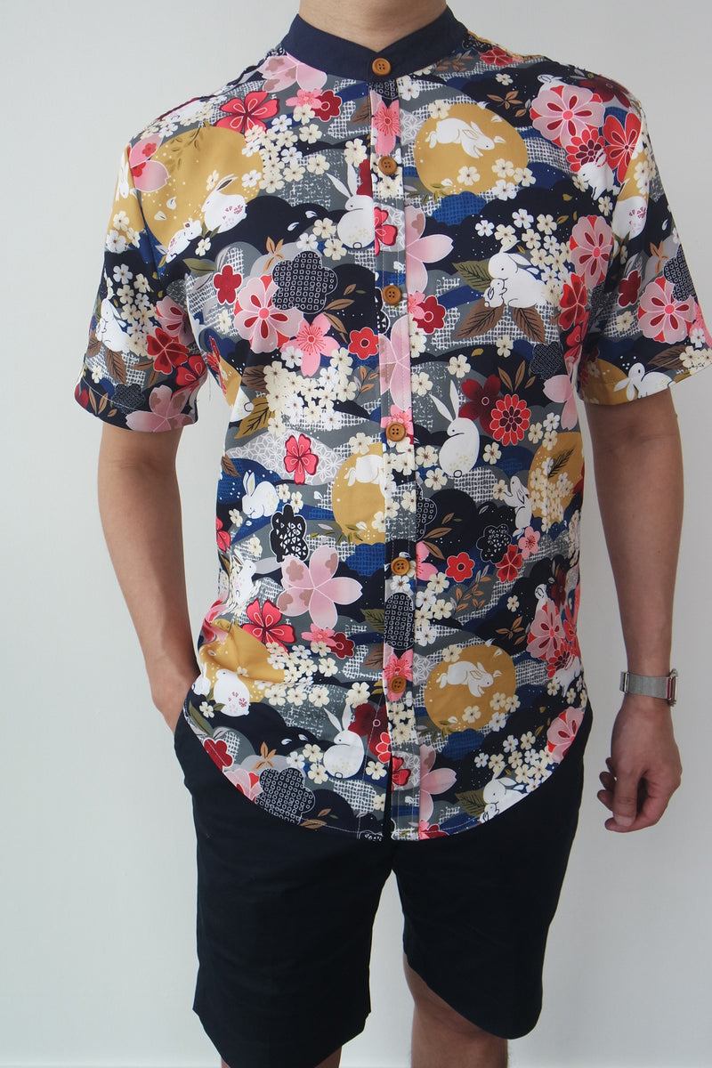 (MEN) Mandarin Collar with Wooden Button Shirt  (édition limitée print - Lunar Rabbit)