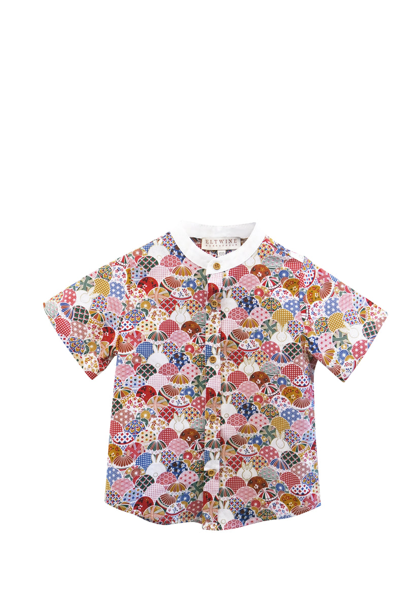 (BOY) Mandarin Collar with Wooden Button Shirt  (Oriental Jap Rabbit)