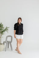 Embroidered Gingham 3/4 Sleeves Top (Black)