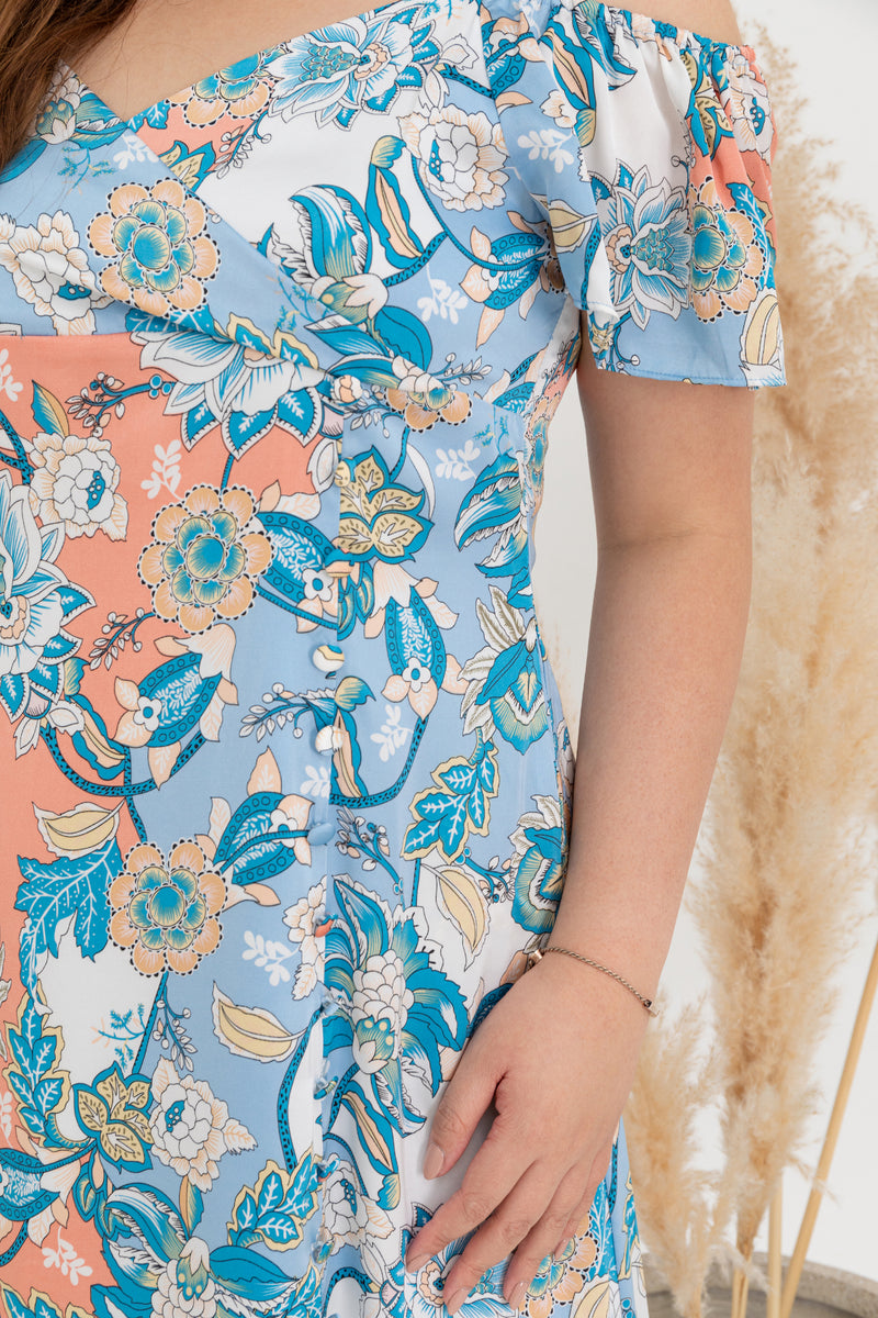 Cold Shoulder Side Slit Button Dress (Batik)