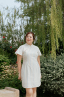 Flare Sleeve Cheongsam Shift Dress (Blue Stripes)