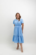 Smocked Waist Tiered Midi Dress (Cornflower Blue)
