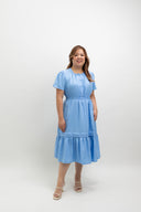 Smocked Waist Tiered Midi Dress (Cornflower Blue)