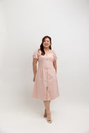 Zip-Front Puff Sleeve Midi Dress (Ballet Pink)