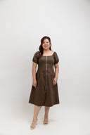 Zip-Front Puff Sleeve Midi Dress (Espresso)