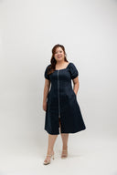 Zip-Front Puff Sleeve Midi Dress (Deep Nay)