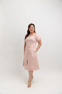 Zip-Front Puff Sleeve Midi Dress (Ballet Pink)