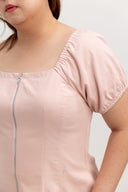 Zip-Front Puff Sleeve Midi Dress (Ballet Pink)