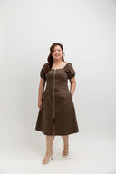 Zip-Front Puff Sleeve Midi Dress (Espresso)