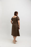 Zip-Front Puff Sleeve Midi Dress (Espresso)