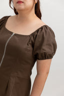 Zip-Front Puff Sleeve Midi Dress (Espresso)