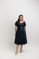 Zip-Front Puff Sleeve Midi Dress (Deep Nay)