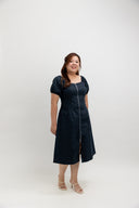 Zip-Front Puff Sleeve Midi Dress (Deep Nay)