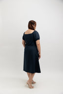 Zip-Front Puff Sleeve Midi Dress (Deep Nay)