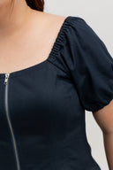 Zip-Front Puff Sleeve Midi Dress (Deep Nay)