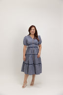 Embroidered Smocked Back Midi Dress (Navy Gingham)