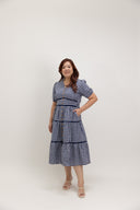 Embroidered Smocked Back Midi Dress (Navy Gingham)