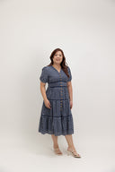 Embroidered Smocked Back Midi Dress (Navy Garden Wreath)