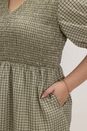 Smocked Empire Micro-check Dress (Sagewood)