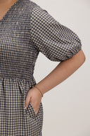 Smocked Empire Micro-check Dress (Navy)