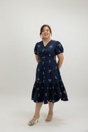 Pleats Bottom 3D Embroidery Midi Dress (Midnight Barley)