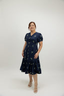 Pleats Bottom 3D Embroidery Midi Dress (Midnight Barley)