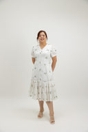 Pleats Bottom 3D Embroidery Midi Dress (Ivory Lavender) - ELTWINE