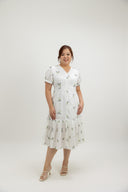 Pleats Bottom 3D Embroidery Midi Dress (Ivory Lavender) - ELTWINE