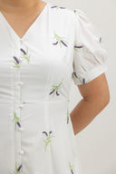 Pleats Bottom 3D Embroidery Midi Dress (Ivory Lavender) - ELTWINE