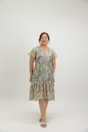 Asymmetrical Frills Midi Dress (Sky Botanical)