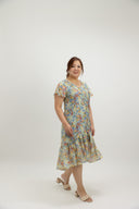 Asymmetrical Frills Midi Dress (Sky Botanical)