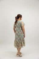 Asymmetrical Frills Midi Dress (Sky Botanical)