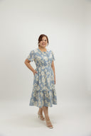 Evelyn Smocked-Waist Midi Dress (Blue Cloud)