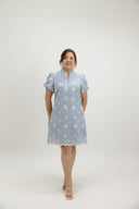 Puff Sleeve Button Cheongsam Dress (Embroidered Daisy Blue)