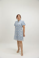 Puff Sleeve Button Cheongsam Dress (Embroidered Daisy Blue)