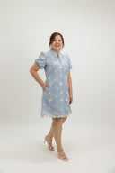 Puff Sleeve Button Cheongsam Dress (Embroidered Daisy Blue) - ELTWINE
