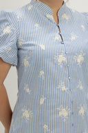 Puff Sleeve Button Cheongsam Dress (Embroidered Daisy Blue) - ELTWINE
