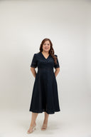 Button-Front Lace Panel Midi Dress (Midnight Navy) - ELTWINE