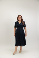 Button-Front Lace Panel Midi Dress (Midnight Navy) - ELTWINE