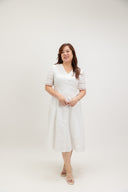 Button-Front Lace Panel Midi Dress (Ivory White)