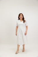 Button-Front Lace Panel Midi Dress (Ivory White)