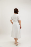 Button-Front Lace Panel Midi Dress (Ivory White)
